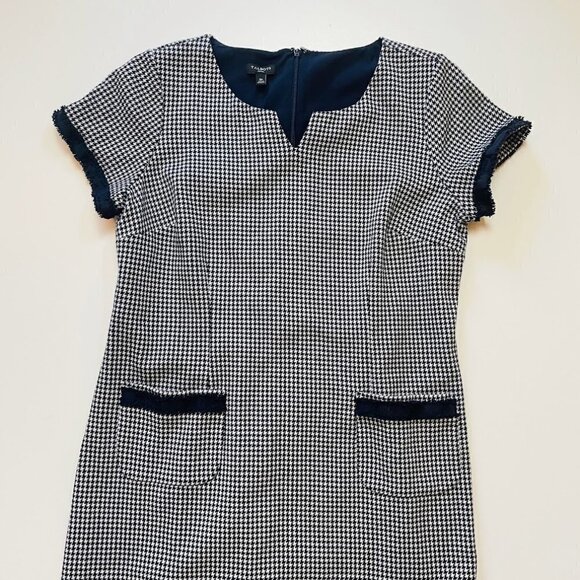 Talbots Vintage Dress Herringbone Houndstooth Fringe Tweed Knit Navy Blue White - Picture 2 of 6